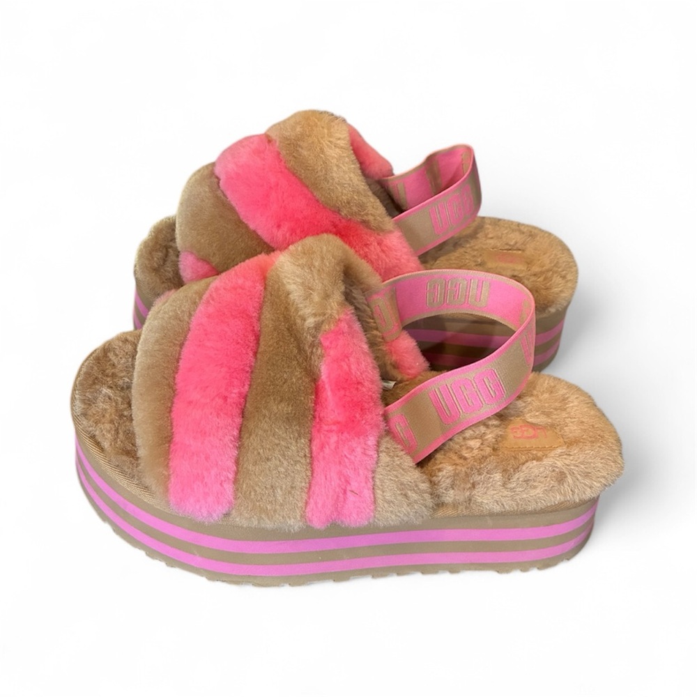 Pink and Tan women’s Fuzzy Sandals UGG